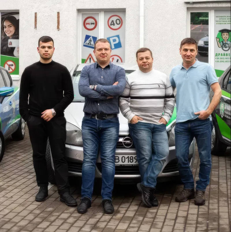 Команда у учебных автомобилей автошколы